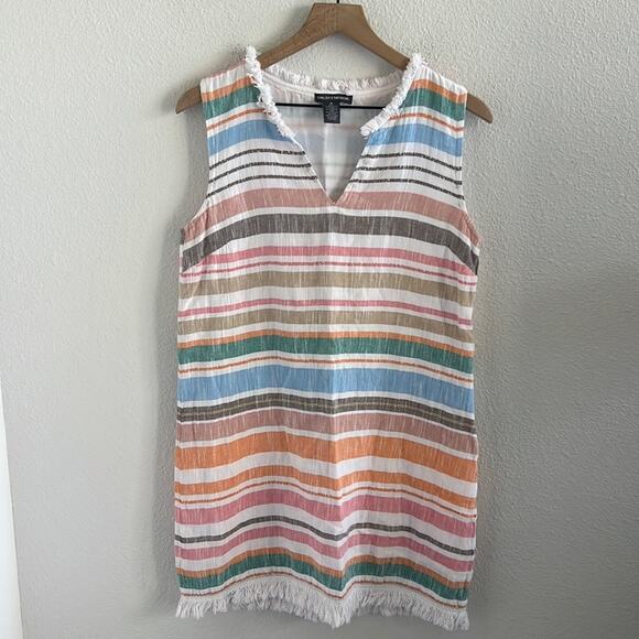 Chelsea & Theodore Cotton Striped Dress Fringe Boho Coastal Medium - Picture 1 of 5